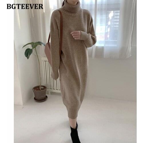 BGTEEVER Elegant Turtleneck Women Knitted Dress 2021 Autumn Winter Thicken Ladies Sweater Vestidos Full Sleeve Female Dress