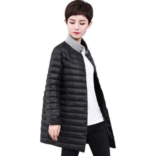 Womens Light Down Jacket Autumn Winter Long Large Size Round Neck Snap Button Long Sleeve Jacket Warm Coat Lady Soft Outerwear
