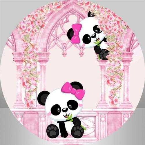 Pink Flower Palace Baby Panda Baby Shower Photo Backdrops Kids 1st Birthday Circle Round Backdrop Cover Candy Table Cover