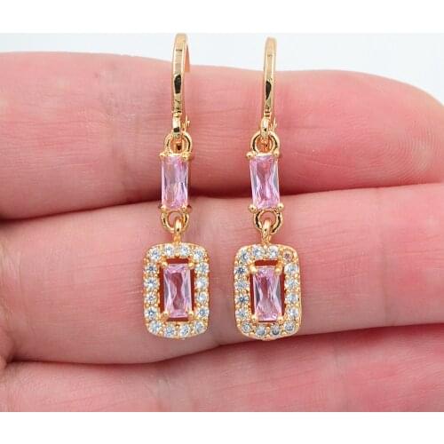 Gold Color Women Fashion Lovely Pink Zirconia CZ Geometric Rectangle Blocks Dangle Earrings Jewelry