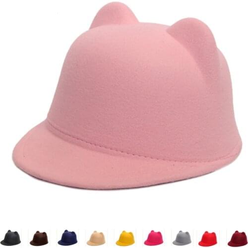 Plain Wool Felt Korean Cat Ears Equestrian Cap Parent-child Cap Flat Brim Horseman Trilby Hat for Men Women Children Boys Girls