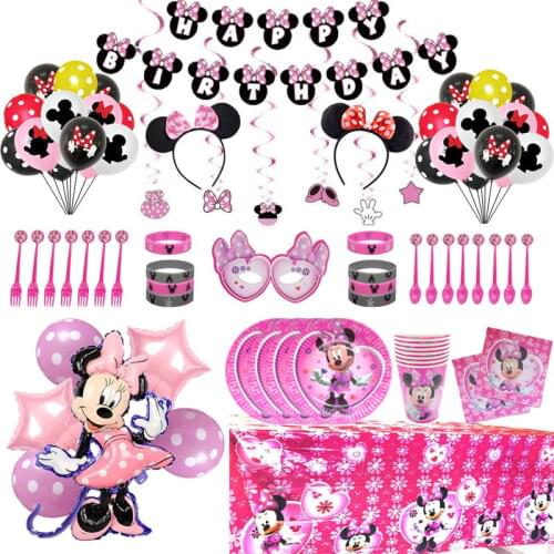 Disney Minnie Mouse Theme Birthday Party Supplies Cup Plate Balloon Kids Girls Party Decoration Disposable Tableware Dinner Set