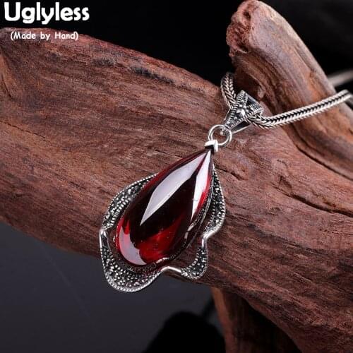 Uglyless 925 Silver Thai Silver Wave Pendants for Women Tempting Red Garnet Necklaces NO Chains Water Drop Gemstone Jewelry P797