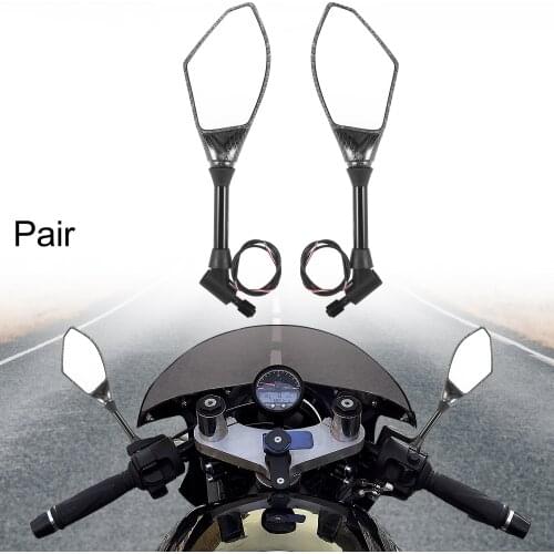 Motoforti 1 Pair Universal Motorcycle Side Rearview Mirror LED Light Pointed Shape Mirrors Handlebar Mount Carbon Fiber Pattern