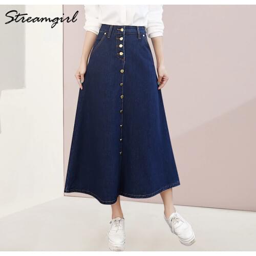 Streamgirl Denim Skirt Women Plus Size Korean Fashion Long Jeans Skirt Button Big Hem Casual High Waist Skirts Long For Women