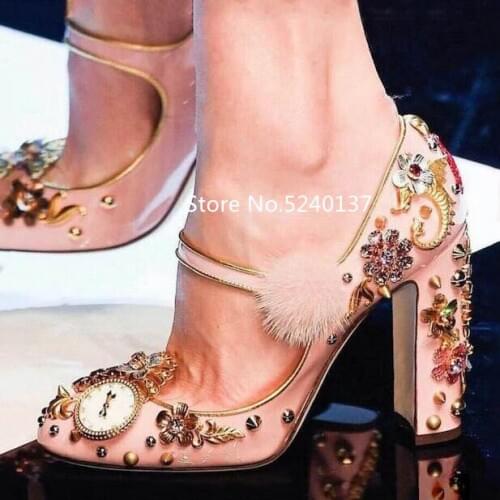2019 New Summer Luxury Crystals Flower Women Pumps Rivets Pompom Patent Leather Chunky Heel Women High Heels