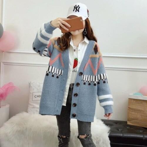 2021 Spring Womens Sweater Cardigan V-neck Retro Warm Knit Jacket Fashion Coat Printed Elegant All-match Single Breasted Korean