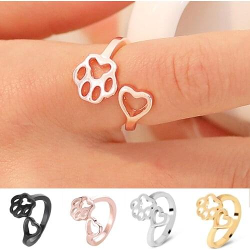 Hollow Love Heart Rose Gold Rings For Women Girl Romantic Sweet Dog Pet Paw Print Resizeable Rings Animal Ring Korean Jewelry
