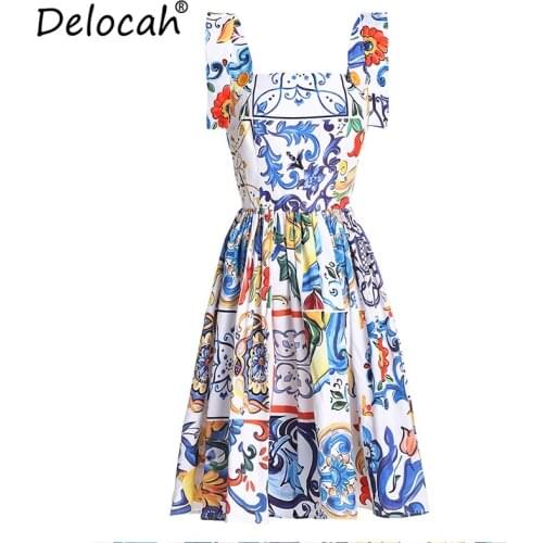 Delocah Women Fashion Short Dress Summer Runway Sexy Spaghetti Strap Vintage Printed Female Party A-Line Dresses vestidos 2021