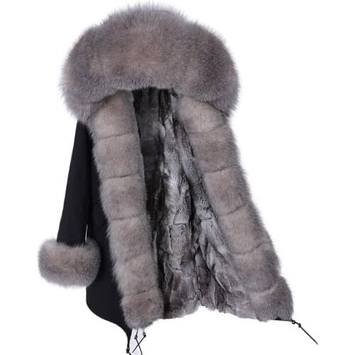 2021 winter womens fur, natural real rabbit fur lining, fox fur collar, winter warm parka coat, black long coat Detachable