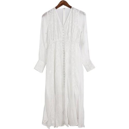 Women V-Neck Flowers Embroideried Mini Dress Ladies Sweet Long Sleeve Single-Breasted Sweet Long Dresses Clothes 2021 New