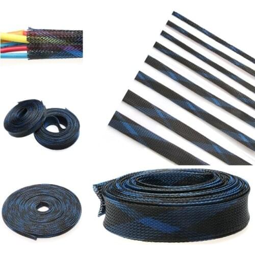 1/5M High Density Insulation Blue Black 3-30mm Wire Cable Protecting Tight PET Expandable Braided Cable Sleeve