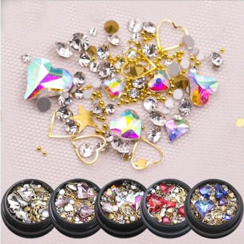 1 Box Colorful Heart Nail Rhinestones Round Crystal Decorations 3D Nail Art Multi Size Shiny Stones Diamond Tip Nails Tools