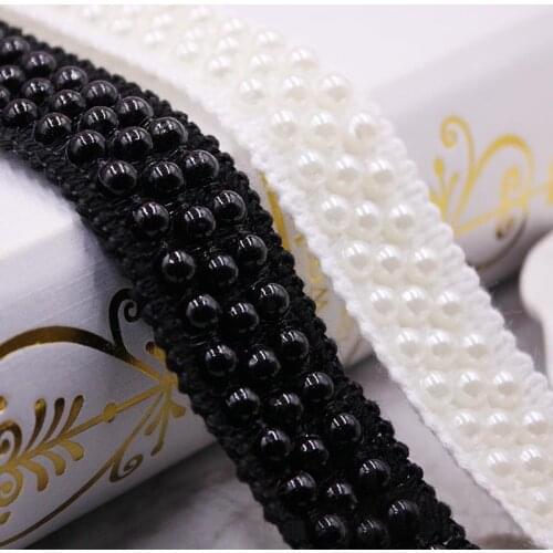 1Yard Beaded Pearl Lace Trim Fabric White/Black Lace Ribbon Appliques Sewing Renda For Clothing Wedding Dress Hair Accessories