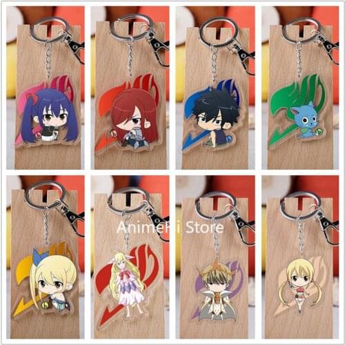 20 pcs/lot Fairy Tail Acrylic Keychain Toy Figure Natsu Lucy Erza Bag Pendant Key Ring Gifts