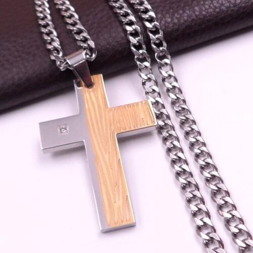 5mm 24'' Fashion Curb Chain Stainless Steel Necklace Gold Crystals Cross Pendant Mens New Jewelry