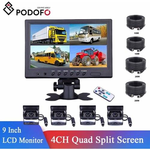 Podofo Vehicle Car Rear View 9" LCD Monitor 4CH Quad Split Screen 4Pin for Bus Truck Caravan Van Motorhome Camper Parking Camera