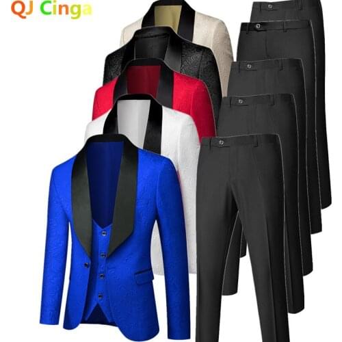 White Wedding Party 3 Piece Set Men Large Size S-5XL Male Blazer Coat Pants Vest Fashion Slim Male Suit 6 Color Options