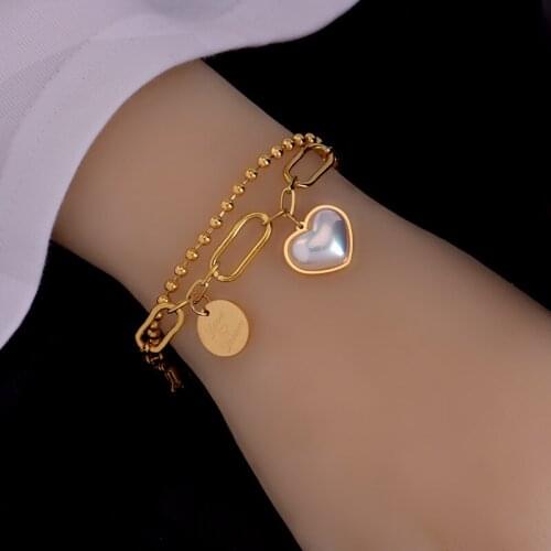 YAOLOGE FASHION 316L Stainless Steel Gold Color Bead Pearl Heart Bracelets 2021 Trendy 2 Layer Bracelets Female Fashion Jewelry