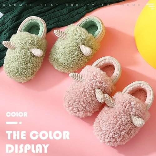 Winter Home Kids Warm Fur Slippers For Boy Girls Cute Deer Bedroom Warm Plush Cotton Shoes Non-slip Indoor Furry Slipper