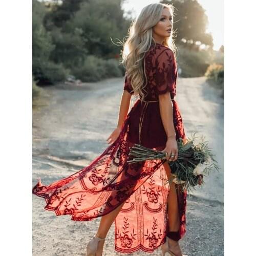 Jastie 2021 Women Summer Dresses V-Neck Short Sleeve High Waist Slit Lace Perspective Maxi Dress Sexy Beach Prom Robe（no lining