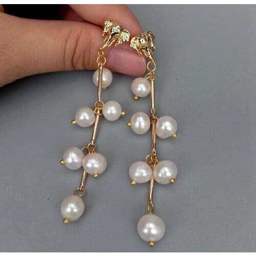 KKGEM 3.1 " gold plated elephant Shape office style Earrings Natural Cultured White Freshwater Pearl Dangle Stud Earrings