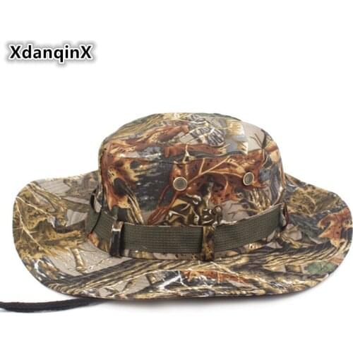 XdanqinX Summer Mens Cap New Style Jungle Camouflage Bucket Hats Camp Fishing Caps Wind Rope Fixed Sun Hat Beach Hat