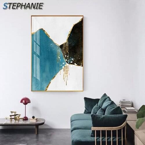 Fahion Gold Blue Wall Poster Unique Canvas Painting Print Modern Wall Art Pictures for Living Room Bedroom Abstract Home Decor