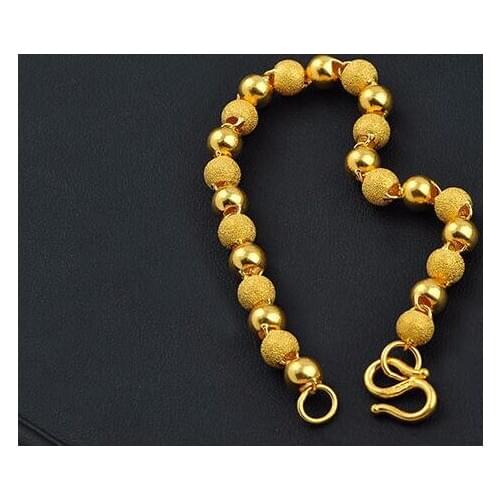 Fashion Pure 24K Yellow gold Smooth Sandstone Beads Womens Bracelet