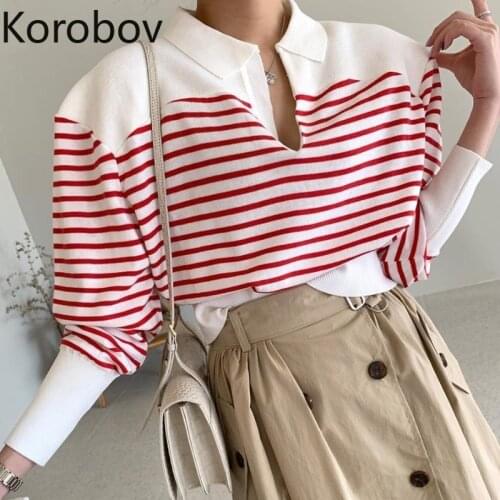 Korobov 2020 Autumn Winter New Chic Women Sweaters Korean Hit Color Patchwork Striped Sweater Vintage Turn-Down Collar Pullovers