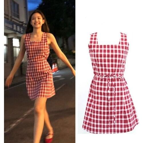 Kpop Seo Yea Ji IU Lee Ji Eun new streetwear fashion red plaid loose dress women korean summer elegant dress female sexy dresses