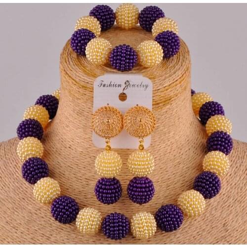Fashion New African Wedding Purple and Champagne Imitation Pearl Jewelry Nigerian Bride Wedding Jewelry Set AZ-60