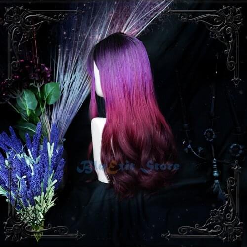 Gradual Black Pink Purple Lolita Wig Harajuku Fairy Dark Witch Cosplay Bangs Curly Long Fringe Synthetic Hair for Adult Girls