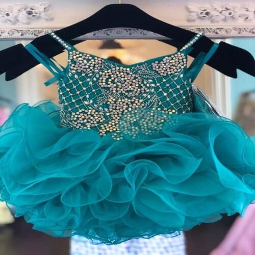 Infant Baby Girl Pageant Dress 2019 Cupcake Glitz Straps Neck Teal Ruffles International Little Miss Prom Dance Gowns Crystals