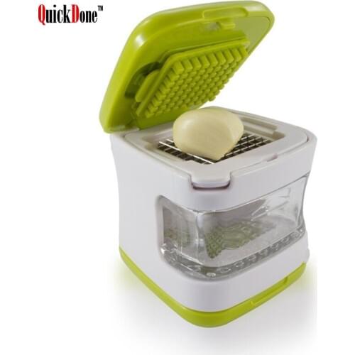 QuickDone Garlic Press Presser Slicer Very Sharp Stainless Steel Blades Inbuilt Clear Plastic Tray Green Garlic Cutter AKC6041