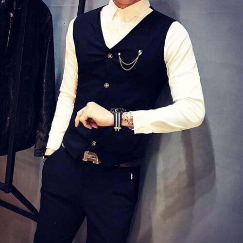 Spring New 2021 Fake-2Pieces Long Sleeve Black Shirts For Men Clothing Simple Chain Decor Slim Fit Casual Tuxedo Dress Blouses