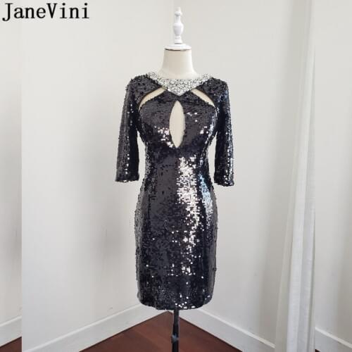 JaneVini Sexy Short Sequined Prom Dresses Tight Fitted Formal Party Dress With 3/4 Sleeves Bling Crystal Women Bridesmaid Dress