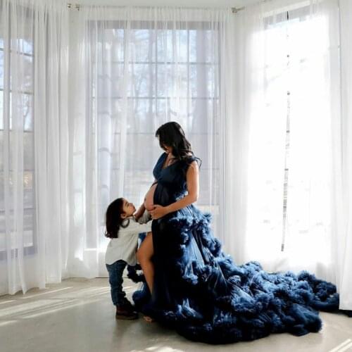 Navy Prom Dresses Custom Made Maternity Robes Women Photoshoot Evening Gowns Fluffy Tiered Tulle Robe Formal Baby Shower Dress