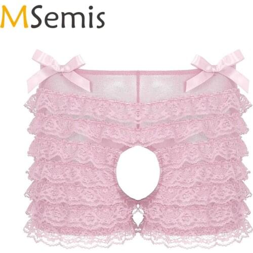 MSemis Sissy Underwear Open Crotch Panties Panties Men Floral Ruffled Lace Bikini Briefs Lingerie Girlie Underwear Sexy Boxer