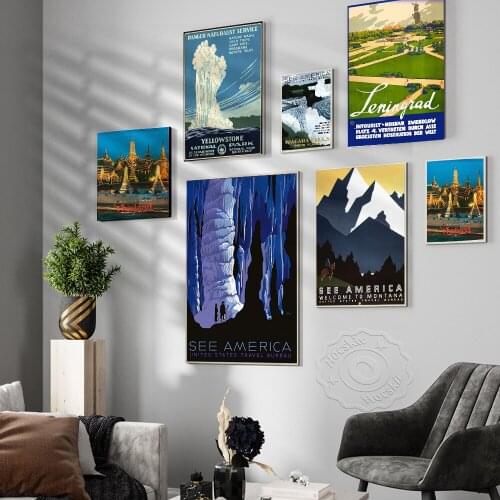 Vintage World City Travel Poster, New York Montana Landscape Wall Art, Bangkok St.Petersburg Scenery Retro Poster, Home Decor