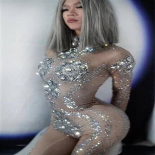 X17 Sexy female stage diamonds bodysuit pole dance wears jumpsuit Rhinestone Slim outfits singer perform dress bar clothe show