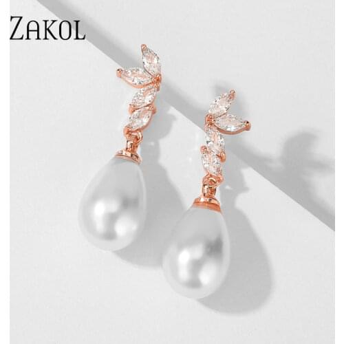 ZAKOL Fashion Marquise Cut CZ Zirconia Dangle Earings With Imitation Pearl For Elegant Women Wedding Female Jewelry FSEP2440