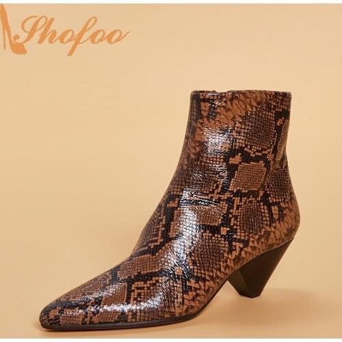 Brown Snake Embossed Pointed Toe Ankle Boots High Cone Heels Booties Woman Zipper Large Size 14 16 Ladies Fashion Shoes Shofoo
