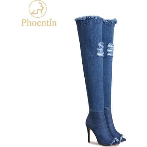 Phoentin peep toe over the knee denim boots broken hole fashion styles zip fish mouth stiletto Womens boots sexy footwear FT185