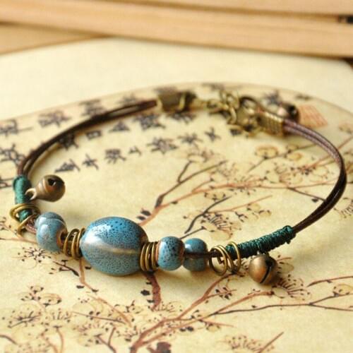 Women Men Strand Bracelets Jewelry Ceramic Beads Charm Weave Rope Chain Bangles Accessories Bronze Bell Wristbands