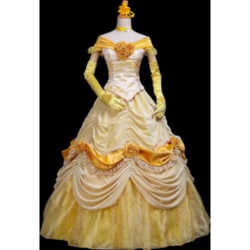 Girl And Beast Belle Cosplay Costume Adult Women Yellow Dance Dress Fancy Halloween Party Princess Dress