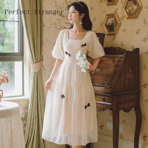 2021 Summer New Arrival French Style High Quality Square Collar Puff Sleeve Bowknot Women Chiffon Long Dress