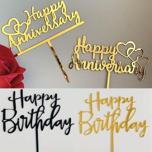 Gold Black Cake Topper Wedding Anniversary Happy Birthday CakeTop Flags For Birthday Party Cupcake Toppers Baking Decor