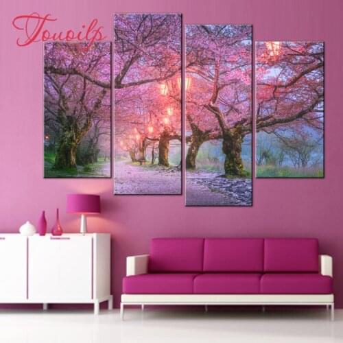 4 Pcs/Set Pink Cherry Tree Diamond Painting Modern Natural Landscape Wall Art Picture for Living Decor DIY 5d Diamond Embroidery