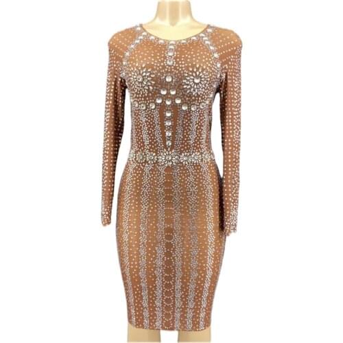 Sparkly Full Rhinestone Short Dress Fashion Prom Gown Evening Sexy See Through Crystal Birthday Party Dress Performance Costume